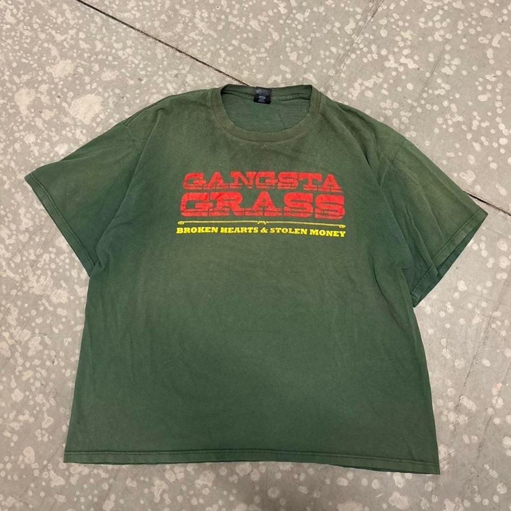 Vintage y2k Gangsta Grass Graphic‎ T Shirt 2XL Green Broken Hearts Stolen Money